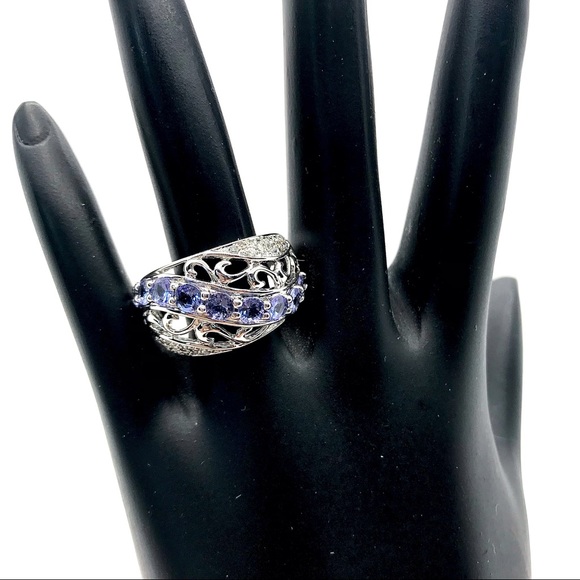 STERLING SILVER GENUINE TANZANITE & DIAMOND RING - Picture 1 of 13